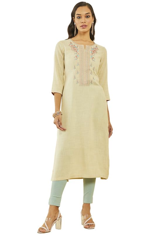 Soch Women Rayon Slub Floral Embroidered Straight Kurta