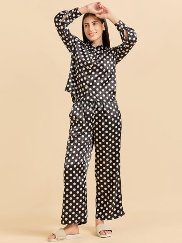 Sweet Dreams Women Printed Front Open Pyjama Set Black