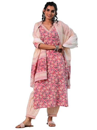 Libas Blue Printed Cotton Straight Kurta With Salwar & Dupatta