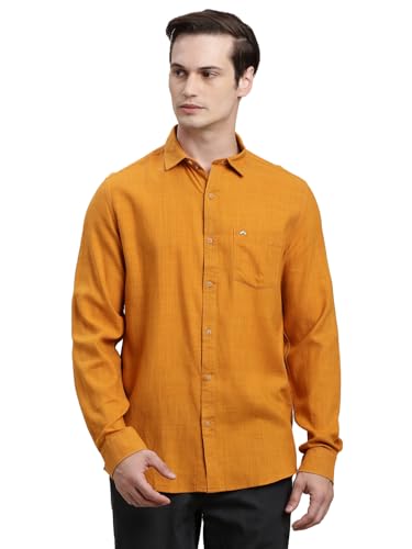 Turtle Men Yellow Solid Full Sleeve Slim Fit Cotton Lyocell Casual Shirt