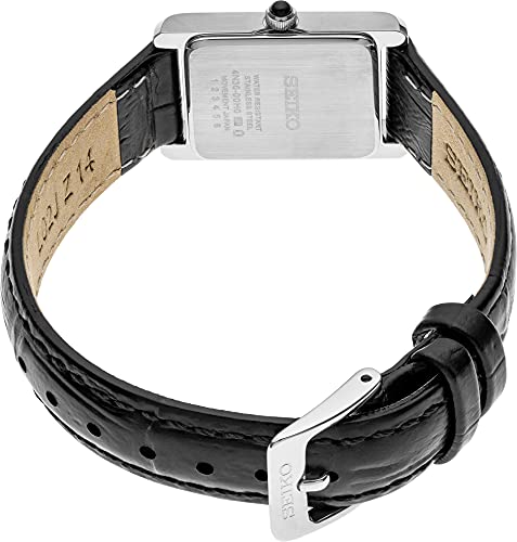 Seiko SWR053 Women's Analog Watch, Water Resistant, 30M, White Dial with Roman Numerals, Rectangular Case, Black Leather Strap