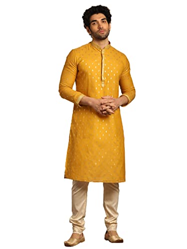Manyavar Kurta Churidar Set, Chanderi Full Sleeves Mandarin Collar Zari Weave Ethnic Wear For Men (Mustard, 2Xl)