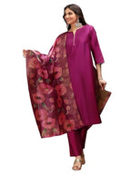 Ishin Notch Neck Silk Crepe Straight A-Line Kurta With Trousers & Dupatta | Kurta Set For Women | Kurta With Trousers And Dupatt