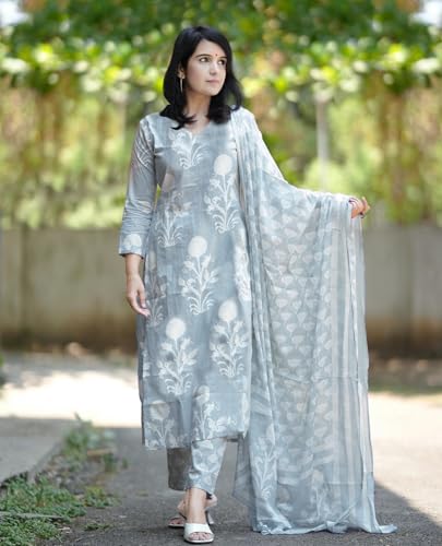 ANNI DESIGNER Womens Rayon Blend Floral Straight Kurta with Pant & Dupatta (Zuri Purple_Grey_Small)