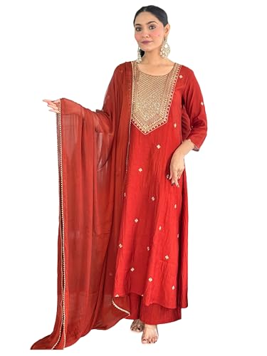 Gosriki WomenS Viscose Silk Embroidery Straight Kurta Pant With Dupatta (Mahua Rust-Vks01-Gs_Xxl_Rust_Xx-Large)