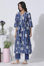 W For Woman Deep Blue Gathered Tie-Dye Floral Printed Kurta