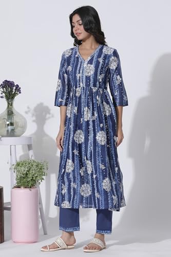 W For Woman Deep Blue Gathered Tie-Dye Floral Printed Kurta
