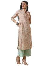 Soch Womens Beige Linen Princess Cut Ethnic Motifs Print Kurta