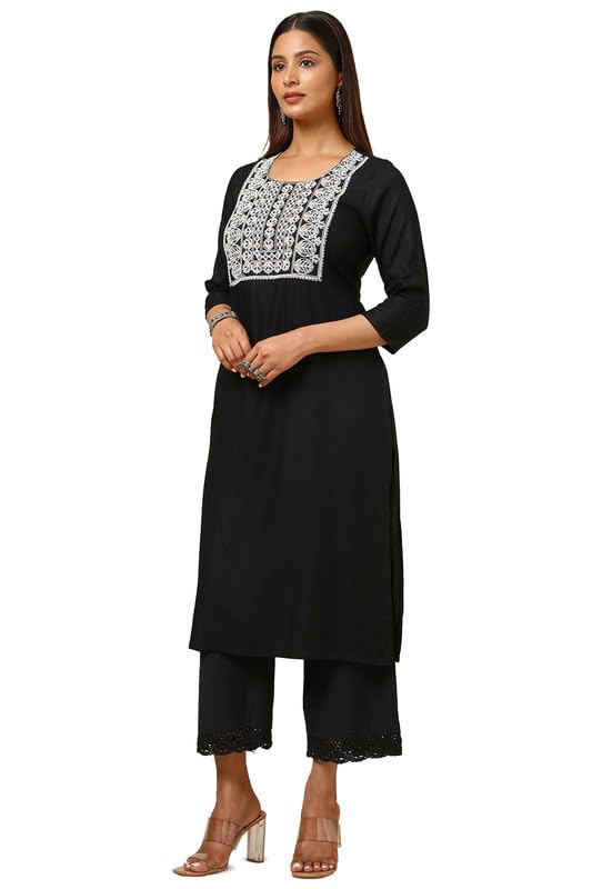 Soch Womens Black Rayon Embroidered Kurta With Sequins