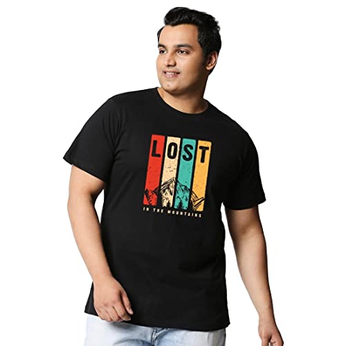 Bewakoof Plus Size Mens Lost Mountains Graphic Print Cotton T-Shirt- Regular Fit, Round Neck, Half Sleeves 472964_Black_6XL