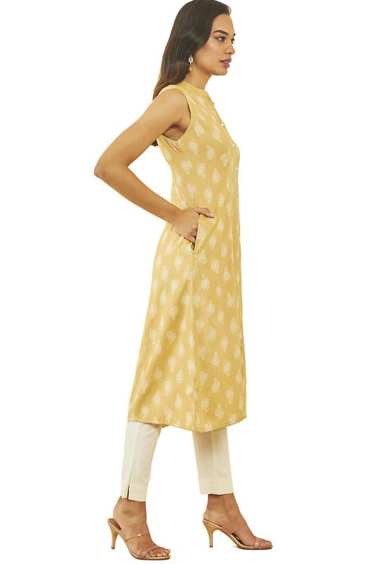 Soch Womens Mustard Rayon Self Print Kurta