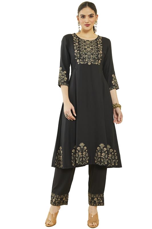 Soch Womens Black Rayon Floral Embroidered Round-Neck Kali Kurta Sets
