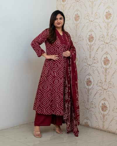 ANNI DESIGNER Womens Rayon Viscose Anarkali Printed Kurta with Pant & Dupatta (VANGALA Maroon_XXL_Maroon_XX-Large)