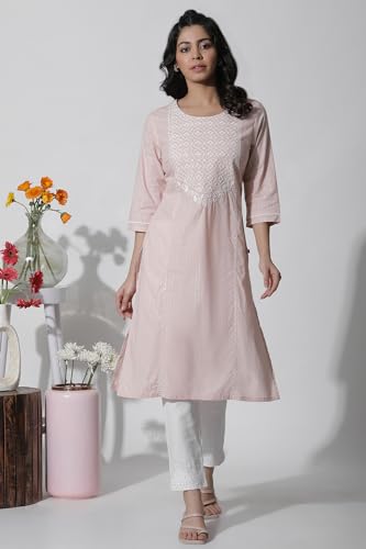 W Women Pink Festive Solid Cotton Straight Kurta