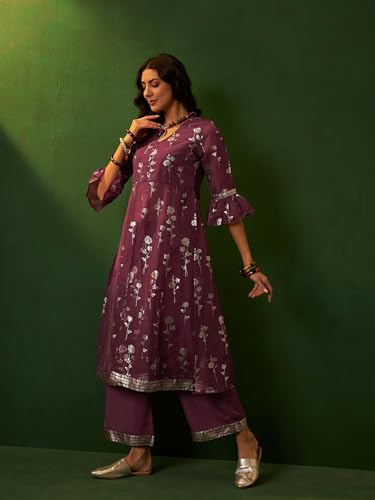 Ziyaa Women Onion Pink Organza Flare Kurta Palazzo Set