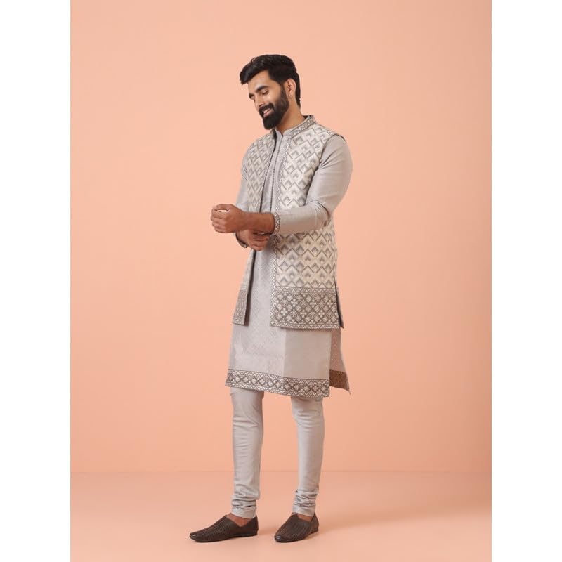 Kisah Mens Kurta Jacket Churidar Set|Silk Blend Fabric Self Design Pattern Mens Ethnic Wear|Regular Fit Mandarin Collar Long Sle