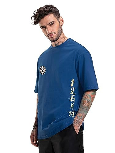 Bewakoof MenS Stoned Panda Graphic Printed Cotton T-Shirt - Oversized Fit, Round Neck, Half Sleeves_592041_Blue_M