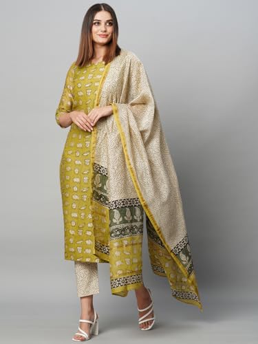 ANNI DESIGNER Womens Cotton Blend Straight Printed Kurta with Pant & Dupatta (Stamp Green_L_Green_Large)
