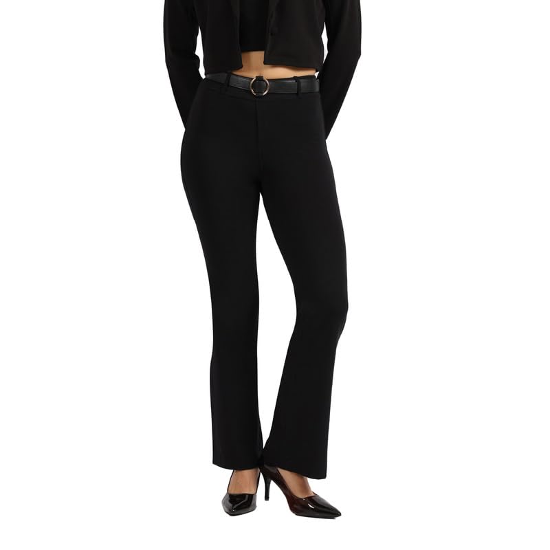 BlissClub AM:PM Cotton Flare Pants - Lite,Regular Below 54, Cotton Pants, Belt Buckles, Classic Patch Pockets, High Waist