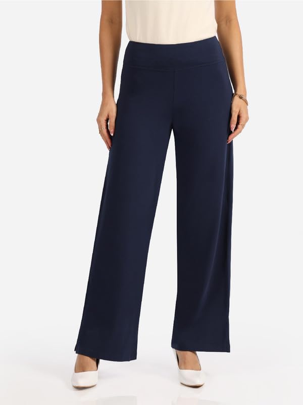 BlissClub AM:PM Cotton Wide Leg Pants - Lite,Regular Below 54, Cotton Pants, Wide Waistband, Slit at Hem, Side Pockets