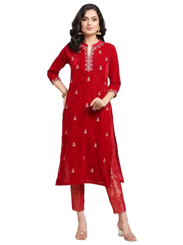 Varanga Women'S Velvet Regular Kurta Set (Nv_Vkst112511034_Vkst112511125_Red