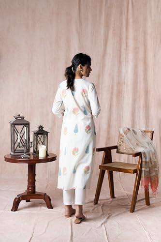 ANNI DESIGNER Womens Cotton Blend Straight Printed Kurta with Pant & Dupatta (Nairiti White_XXL_White_XX-Large)
