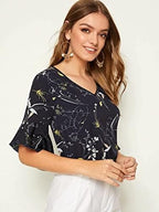 OM SAI LATEST CREATION Womens Plain Crepe with Ruffle Sleeve Design on HaOSLC-Sleeve Regular Fit Office wear,Casual wear Top (X