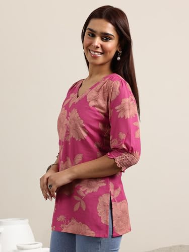 Libas Womens Printed Cotton Straight Kurti For Women Pink