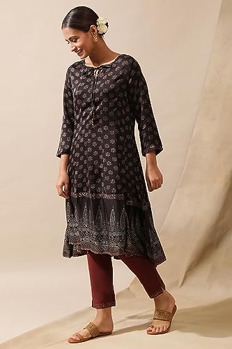W For Woman Black Ajrakh Print Kalidar Kurta