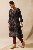 W For Woman Black Ajrakh Print Kalidar Kurta