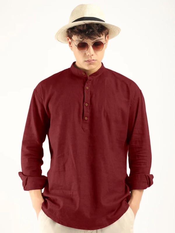 Macsivo MenS Cotton Polyester Blend Solid Regular Fit Full Sleeve Short Kurta Maroon