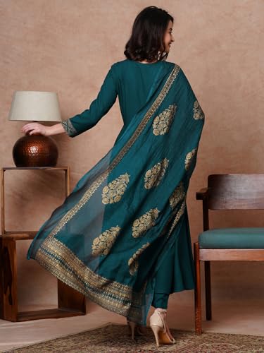 ANNI DESIGNER Womens Rayon Blend Solid Anarkali Kurta with Pant & Dupatta (Magic-KEROSIN-NB_L_Dark Blue_Large)