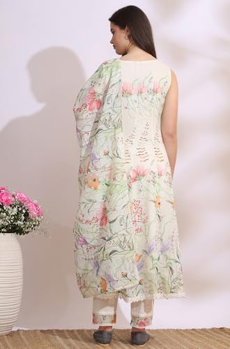 W For Woman Cream Floral Printed Kota Sleeveless Anarkali Kurta, Pants And Dupatta Set