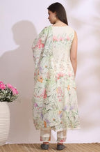 W For Woman Cream Floral Printed Kota Sleeveless Anarkali Kurta, Pants And Dupatta Set