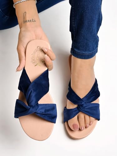 Shoetopia Girls Blue Flat Slide Sandals  Soft Suede Knot Strap Casual Summer Slip-Ons For Everyday Comfort Stylish, |Footwear Li