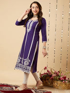 ANNI DESIGNER Womens Cotton Blend Chikankari Embroidered Straight Kurta (Chndru Violet_XL_Violet_X-Large)
