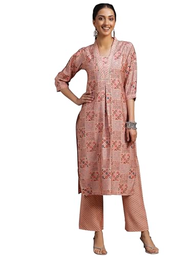 Libas Women Silk Blend Peach Printed Straight Kurta With Palazzos, Large