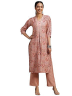 Libas Women Silk Blend Peach Printed Straight Kurta With Palazzos, Large