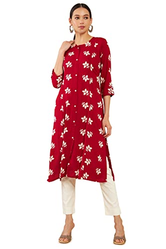 Soch Red Rayon Leaf Print A-Line Fit Kurta