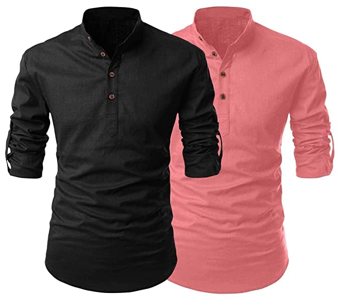 Finivo Fashion Combo Of MenS Regular Fit Cotton Blend Solid Full Sleeves Kurta | Short Kurta For Men (Pack Of 2)