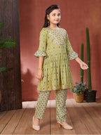 Aarika Girls Ethnic Wear Green Colour Leaf Pattern With Gota Lace Rayon Kurti Pant Set (4-15 Years)