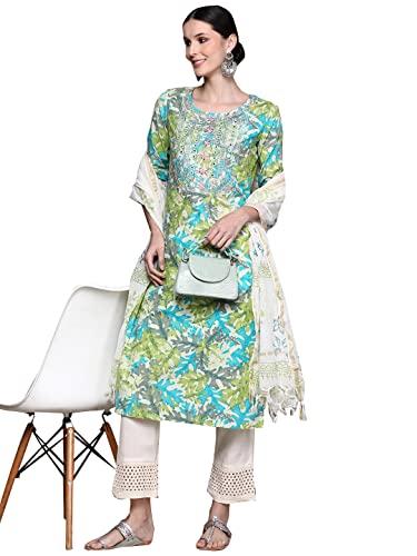 Ishin Women'S Pure Cotton A-Line Yoke Design Mirror Work Floral Print Green Kurta Suit Set With Trouser Inwsd0127_Gn_Xxl_Green