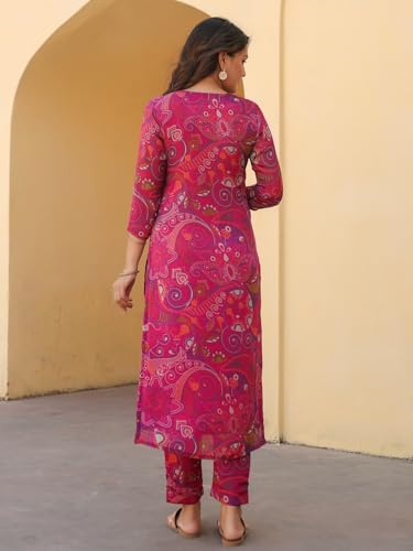 ANNI DESIGNER Womens Rayon Blend Straight Printed Kurta with Pant (Jijaji Pink_S_Pink_Small)