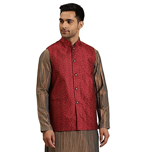 SOJANYA (Since 1958, Mens Jacquard Silk Maroon Self Design ONLY Nehrujacket, Size: 36