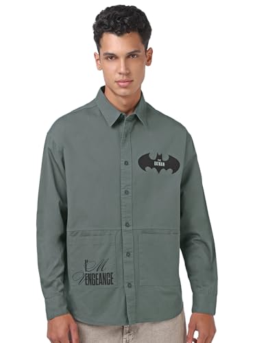 Bewakoof Official Marvel Merchandise Batman Mens Graphic Print Oversized Fit Full Sleeve Collar Cotton Shirt_662519_Grey_S