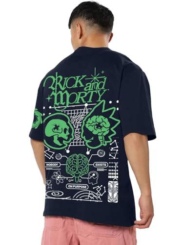 Bewakoof Official Rick And Morty Merchandise MenS Graphic Print Oversized Fit Half Sleeve Round Neck Cotton T-Shirt_680238_Blue_