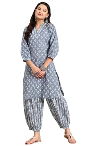 LookMark Womens Trendy Printed Cotton Blend Straight Grey Color Kurta and Afghani Pant Set (KS2070-XXL)