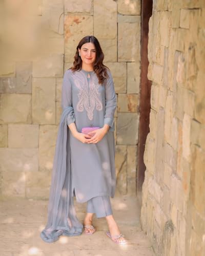 ANNI DESIGNER Womens Cotton Blend Embroidered Straight Kurta with Pant & Dupatta (Gudali Blue_4XL_Blue_XXXX-Large)
