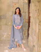 ANNI DESIGNER Womens Cotton Blend Embroidered Straight Kurta with Pant & Dupatta (Gudali Blue_XL_Blue_X-Large)
