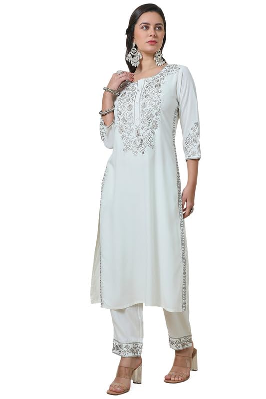 Soch Womens Off White Rayon Embroidered Kurta Set With Thread Work